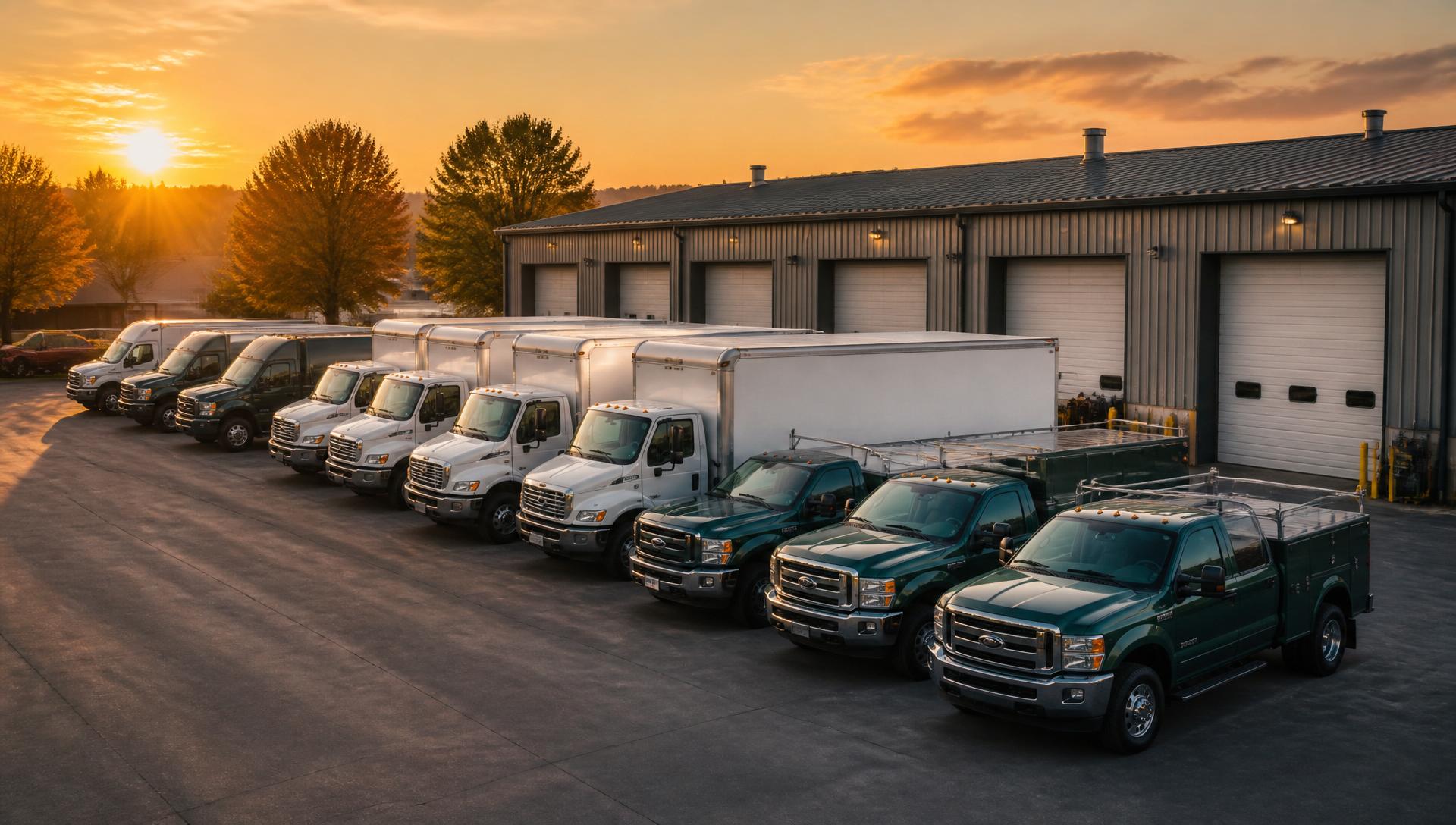 MEG Companies in-house maintenance fleet lined up at the depot at sunset